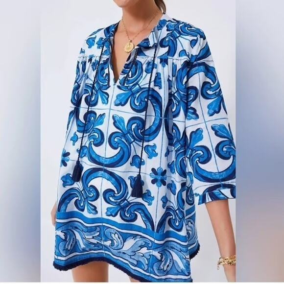 Tuckernuck TNUCK BEACH Capri Blue Majolica Tile Bondi Coverup Sz 3XL - Picture 4 of 11